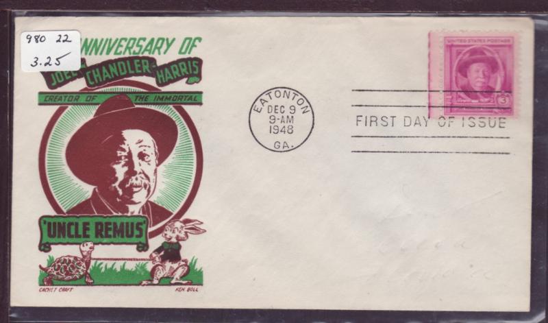 U.S. 980 Joel Harris 1948 Cachet Craft Pencil FDC  L127