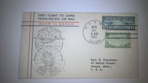 US FIRST FLIGHT COVER 1937 GUAM TO MACAU FAM 14 W/SCOTT# C21, C7