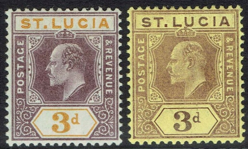 ST LUCIA 1904 KEVII 3D BOTH COLOURS WMK MULTI CROWN CA 