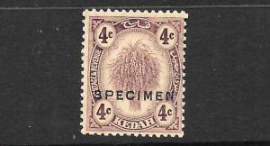 KEDAH  1922-40   4c  VIOLET MH  SPECIMEN       SG 54s