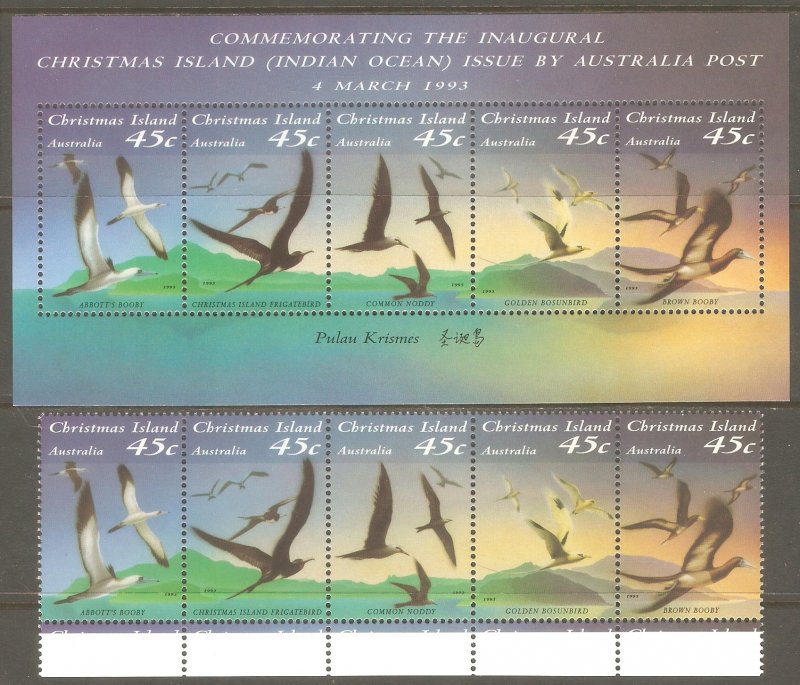 CHRISTMAS ISLAND Sc# 349 - 349f MNH FVF Set-Strip+ Souv Sht Sea Bird Frigatebird