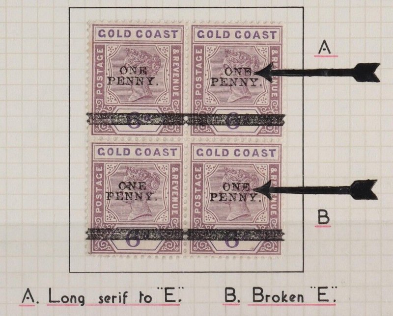 GOLD COAST 1901 'ONE PENNY' on QV 6d block varieties long serif to E
