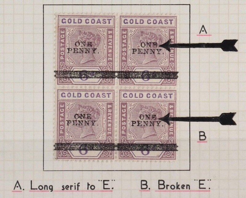 GOLD COAST 1901 'ONE PENNY' on QV 6d block varieties long serif to E & broken E.