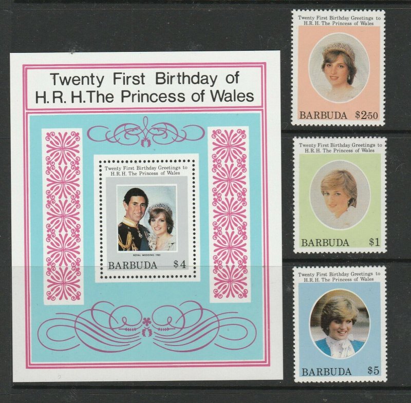 Barbuda 1982 21st Birthday Diana, set & MS UM/MNH SG 613/MS616