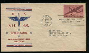 US C28 M=12 15c  Air Mail Transport Plane Fidelity cachet FDC Addr