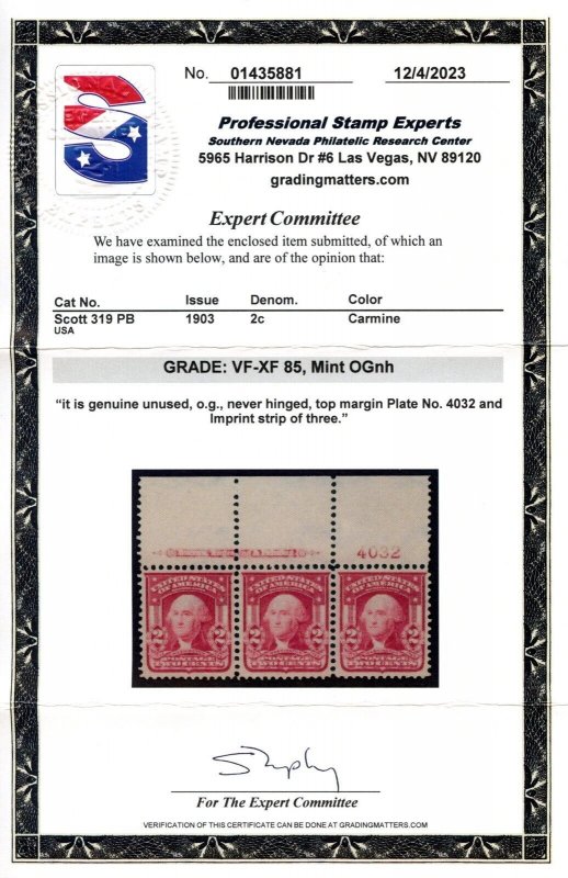 US SCOTT #319 PL# TOP IMPRINT STRIP OF 3 MINT-VF-XF-OG-NH GRADED 85 W/ PSE CERT