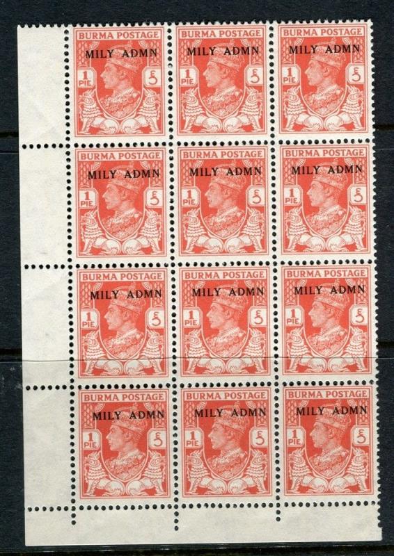 BURMA; 1945 Mily ADMN early GVI issue Mint hinged 1p. Corner Block