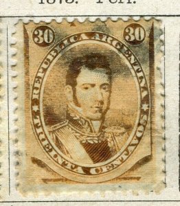ARGENTINA; 1873 early classic portrait issue fine used 30c. value