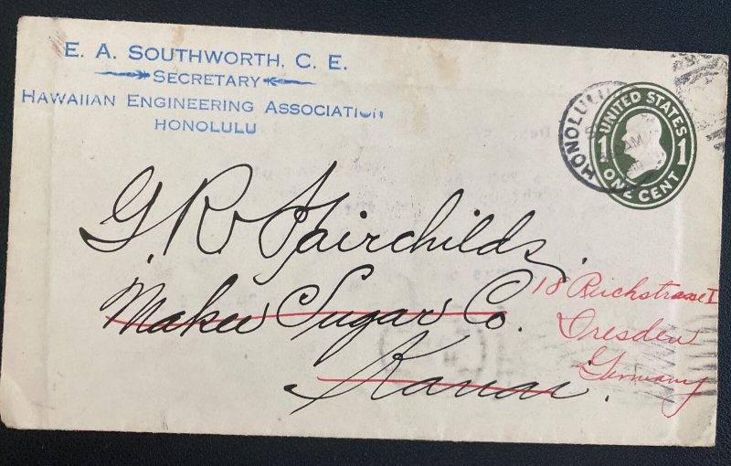 1910 Honolulu Hawaii USA Commercial Postal Stationery cover To Dresden Germany