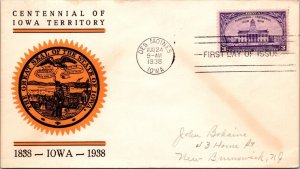 FDC 1938 SC #838 Linprint Cachet, State Seal - Des Moines, IA - Single - J5421