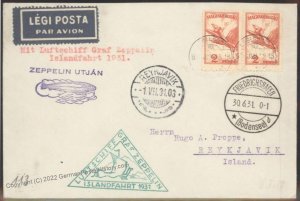 Hungary 1931 Graf Zeppelin Iceland Islandfahrt Flown Mi193I Cover Budapes 106995