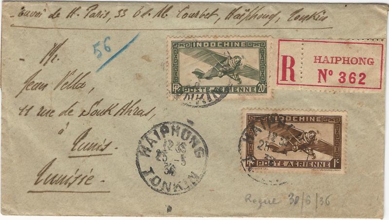 Indo-China, Scott #C1 and C7, on 1936 Registered Cover, Sent to Tunis, Tunisia