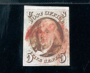 USAstamps Used FVF US 1847 Franklin Stamp Scott 1 With Red Cancel