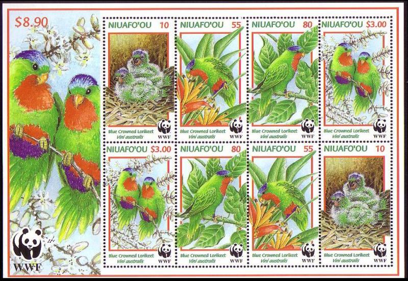 Niuafo'Ou WWF Blue crowned Lorikeet Sheetlet of 2 sets / 8 stamps SG#MS274