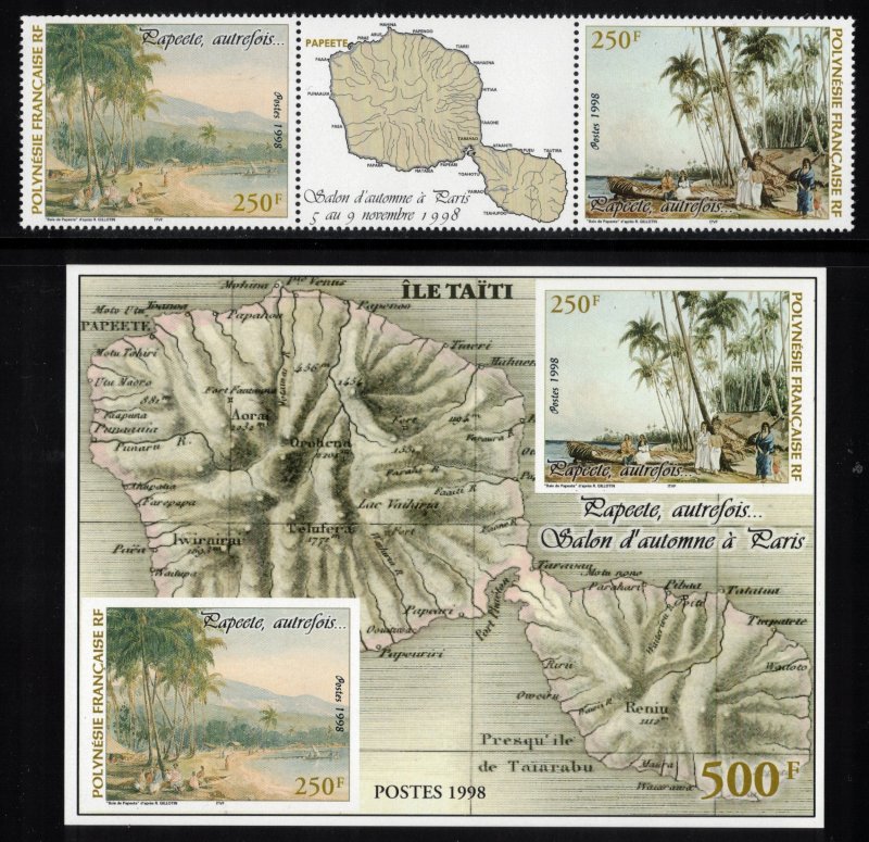 FRENCH POLYNESIA 1998 Paintings; Scott 743, 743c, Yvert 572-73, Bl 23; MNH