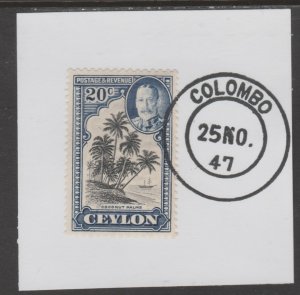 CEYLON 1935 KG5 PICTORIAL 20c COCONUT PALMS on piece with MADAME JOSEPH  PO...