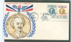 US 1159-1160 1960 paderewski, champion of liberty, on an unaddressed first day cover with a hand-painted kaye cachet