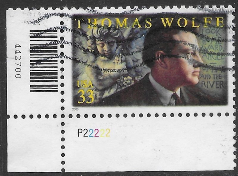 US #3444 used plate single.  Thomas Wolfe.  Nice