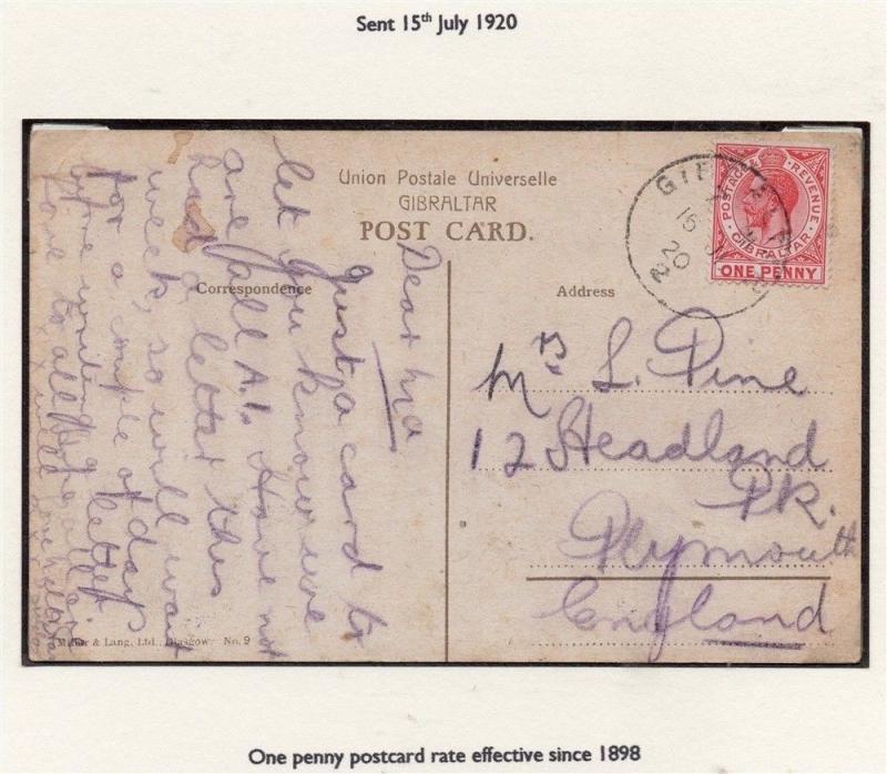 Gibraltar 1920 Postmark Letter Cover Early Issue Fine Used 1d. 295892