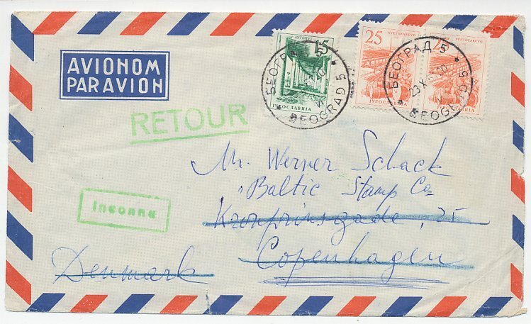 Cover / Postmark Yugoslavia - Denmark 1961 Undeliverable - Unknown - Retour