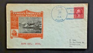 1936 USS Evans To Greenville PA Navy Day Famous American Naval Battles Cover