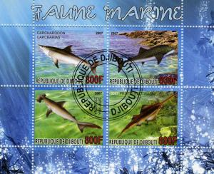 Djibouti 2007 Shark Sheet (4) Perforated Cancelled Used