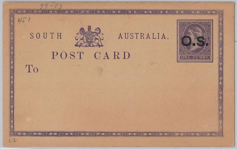 SOUTH Australia  - POSTAL STATIONERY CARD: Higgings & Gage # 1 overprinted O.S. 