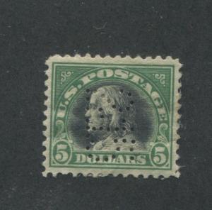 1918 US $5 Postage Stamp #524 Used Very Fine PERFIN 2-15 Canceled  