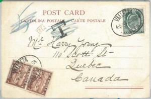 69100 - MALTA - POSTAL HISTORY - POSTCARD to CANADA 1904 - TAXED on departure