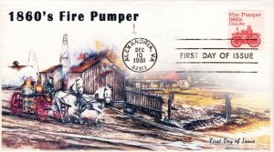 AO-1908, 1981, Fire Pumper 1860’s, Add-on Cachet, First Day Cover, Standard Post