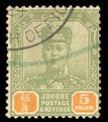 Malayan States - Johore #121 Cat$52.50, 1921 $5 green and orange, used