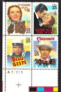 US Plate Block Sc# 2448a Classic Films  25c 1990 Wizard Of Oz Gone With The Wind