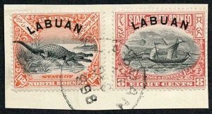 Labuan SG94a 8c Rose-red Perf 14.5 and SG95a 12c Perf 15 on Piece