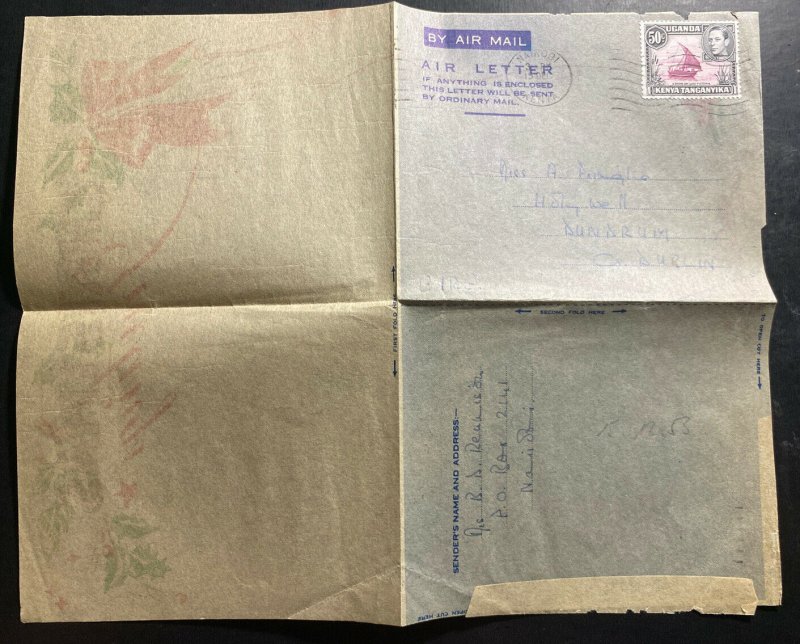 1953 Nairobi Kenya Christmas Air Letter Cover To Dublin Ireland