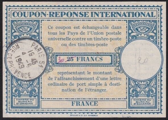 FRANCE 1949 25f changed to 30f International Reply Coupon - Paris cds......B1422