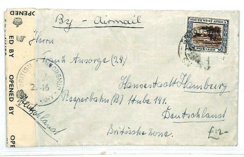 SOUTH WEST AFRICA Grootfontein GERMANY Hamburg CENSOR WW1{samwells-cover} CW220