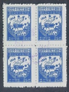 N. Korea 1948 N. Korean Flags (25ch blue, B/4) F. Used CV$26