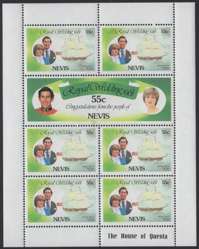 Nevis 1981 MNH Sc 135-136 55c Charles and Diana Royal Wedding Sheet of 7