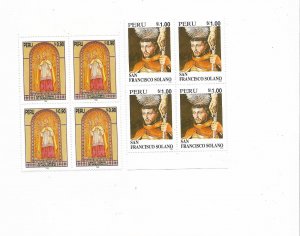 PERU 1995 SAINTS RELIGION MISSIONARY ST. FRANCISCO SOLANO MAGROVEJO BLOCKS OF 4