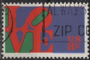 US 1475 (used) 8¢ love, Robert Indiana design, red, emer & vio blue (1973)