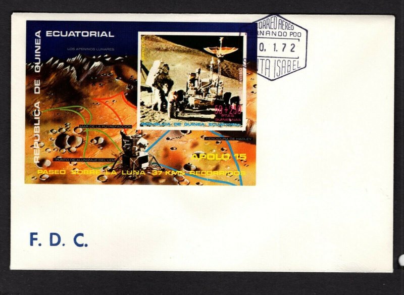 Equatorial Guinea  #7211 (1972 Apollo 15 250+50e imperforate sheet)  FDC