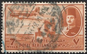 EGYPT  1947 Sc C42 Used 7m Airmail, King Farouk & Airplane