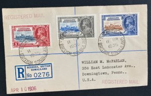 1936 Somaliland Registered cover to Usa King George V Silver Jubilee Stamp