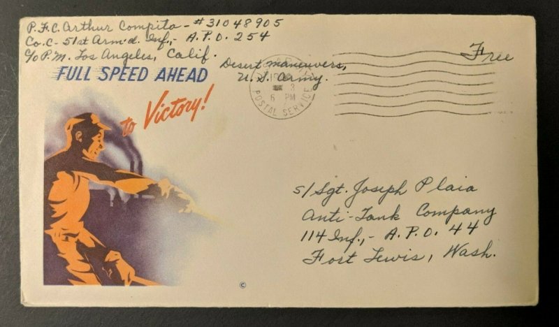 1944 Full Speed Ahead Los Angeles CA Fort Lewis WA WWII Patriotic Cover