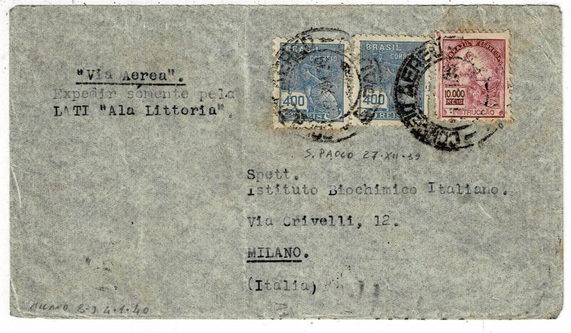 Brazil 1940 Sao Paulo cancel on LATI airmail cover to Italy