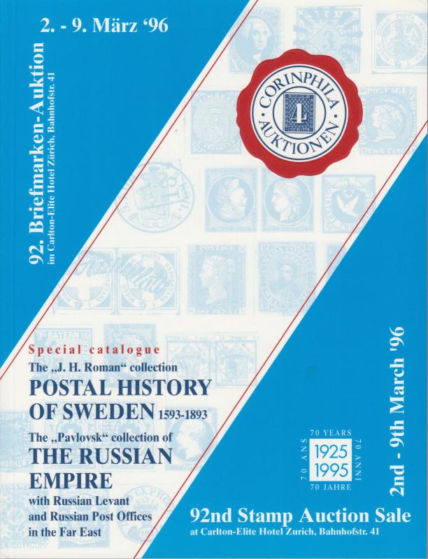 Postal History of Sweden; Russian Empire Collections. Corinphila 92nd Auction.