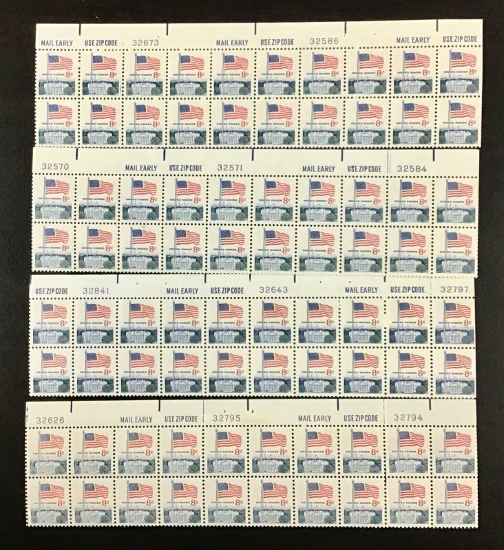 1338F  Flag & White House, Huck Press   MNH 8  c Plate Block of 20. Top plate #