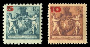 Liechtenstein #70a-71a Cat$110, 1924 Surcharges, 5rp perf. 9 1/2 and 10rp per...