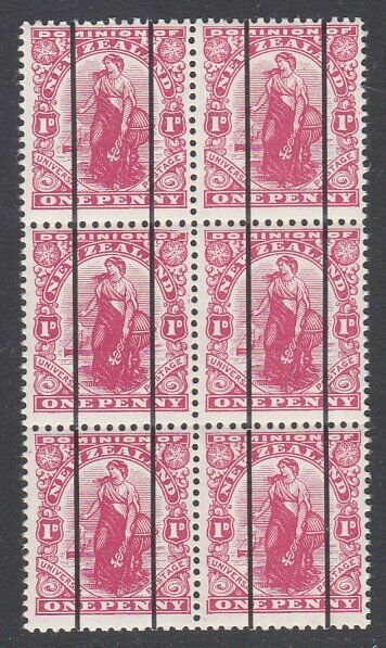 NEW ZEALAND 1d Dominion MNH block of 6 'Dickie Coils' MNH...................B890