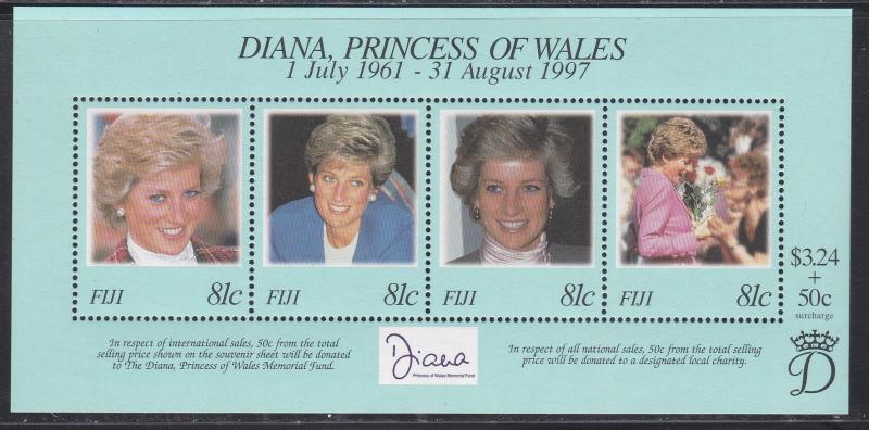 Fiji # 820, Diana, Princess of Wales, Souvenir Sheet, NH 1/2 Cat..